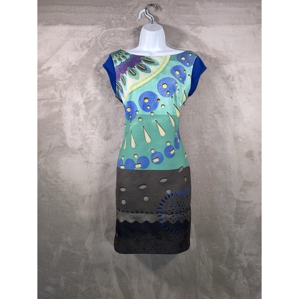 Desigual Dress Womens Size Medium Blue Y2K Abstract Print Sheath Mini Glam